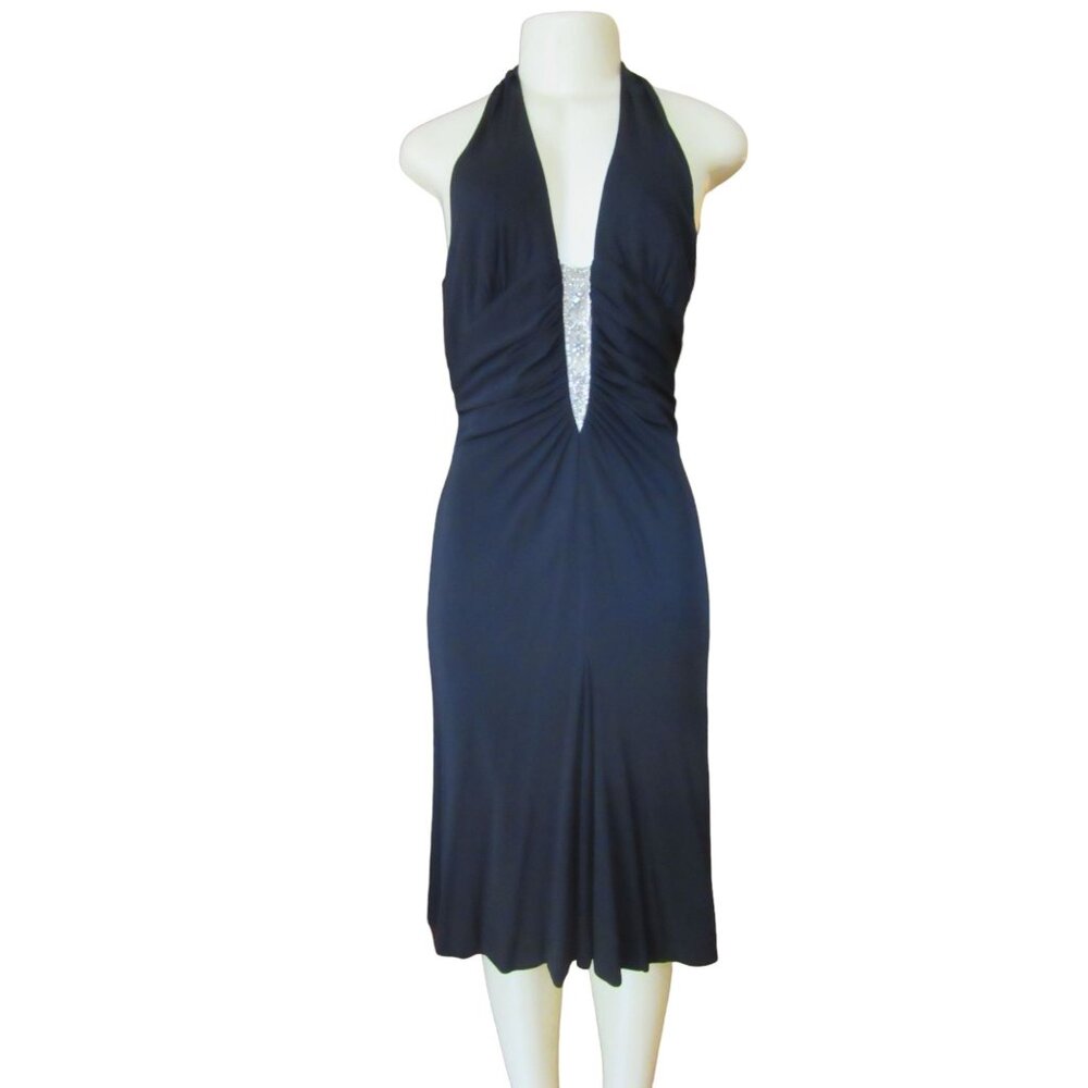 Badgley Mischka Black Rayon Halter Dress w Sheer Clevage & Rhinestones, Size 6